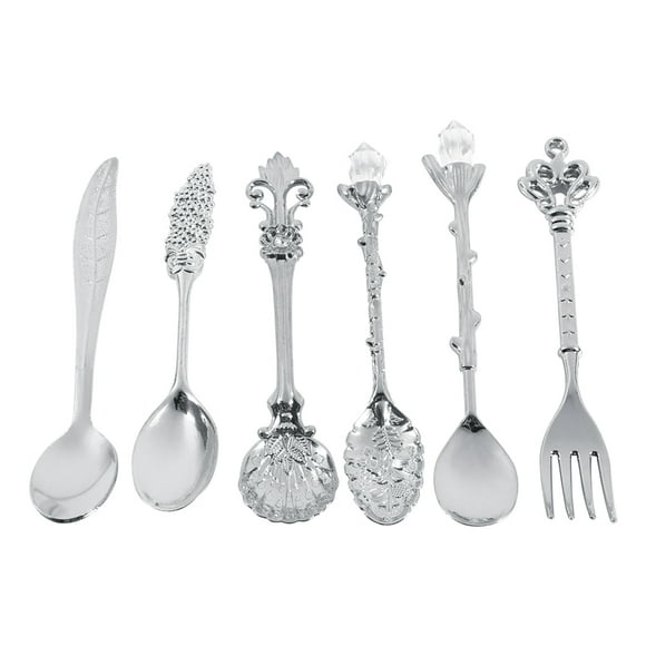 Cuillères À Dessert, Cuillère À Café Cuillère À Café 6Pcs/Set Mini Cuillères À Café En Métal De Style Royal Vintage Et Fourchette Cuisine Fruits Café Accessoires(Argent)