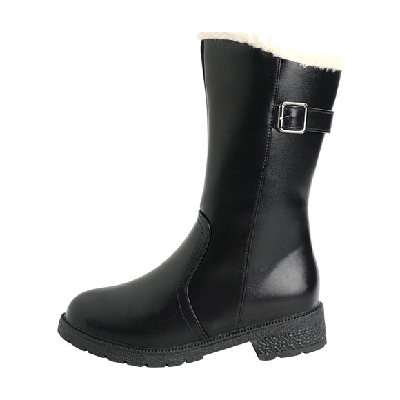 Pisexur Women's PU Leather Cowgirls Boots Warm Fur Lined Black Ankle Booties Side Zipper White Boots Non-slip Winter Boots