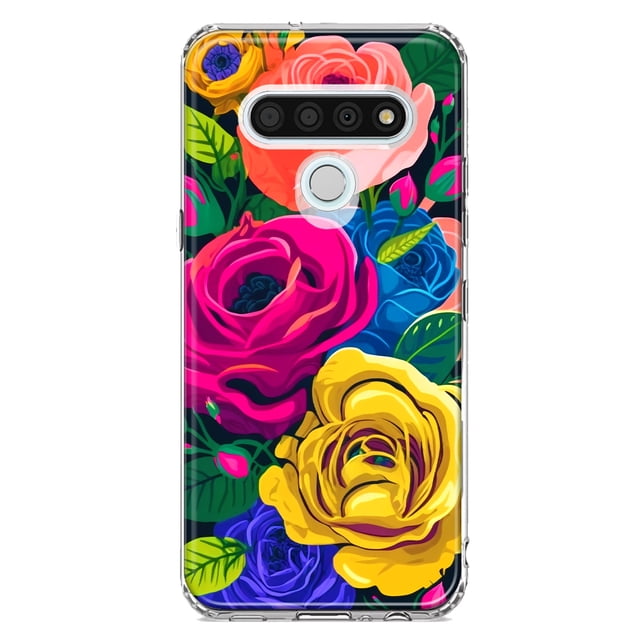 MUNDAZE LG Stylo 6 Vintage Pastel Abstract Colorful Pink Yellow Blue Roses Double Layer Phone Case Cover