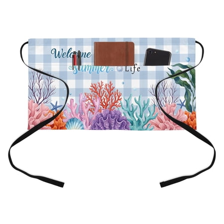 Summer Ocean Half Waist Apron Welcome to Life Color Coral Shell Blue Plaid Short Waiter Aprons with 3 Pockets for Women Men Kitchen Restaurant Cooking