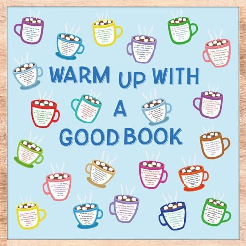 Winter Bulletin Board Set Hot Cocoa Marshmallow Classroom Decoration Warm Up with A Good Book Bulletin Board Decoration Cocoa Paper Cutouts for School Home Reading DIY Craft Chalkboard Wall Decor