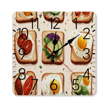 RKSupls 10×10inch Square Silent Wall Clock Wooden Frame, Toast Breakfast Food Art Scale Decorative Clock for Home Bedroom Living Room Office