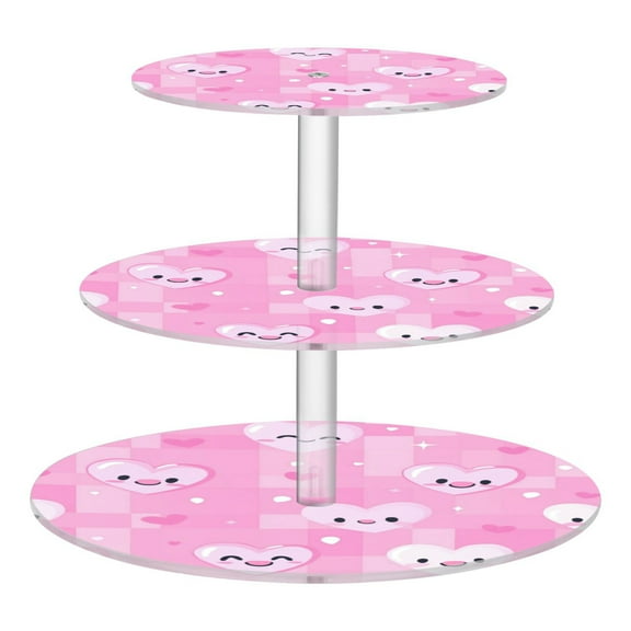 Wobogo Pink Gingham Love Pattern 3 Tier Acrylic Cake Stand with Clear Round Hold for Wedding Holiday Birthday Baby Shower Tea Party