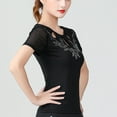 thumbnail image 3 of Stretch Net Sheer Short Sleeves Crystallized Keyhole Cutout Latin Ballroom Dance Top Shirts, 3 of 3