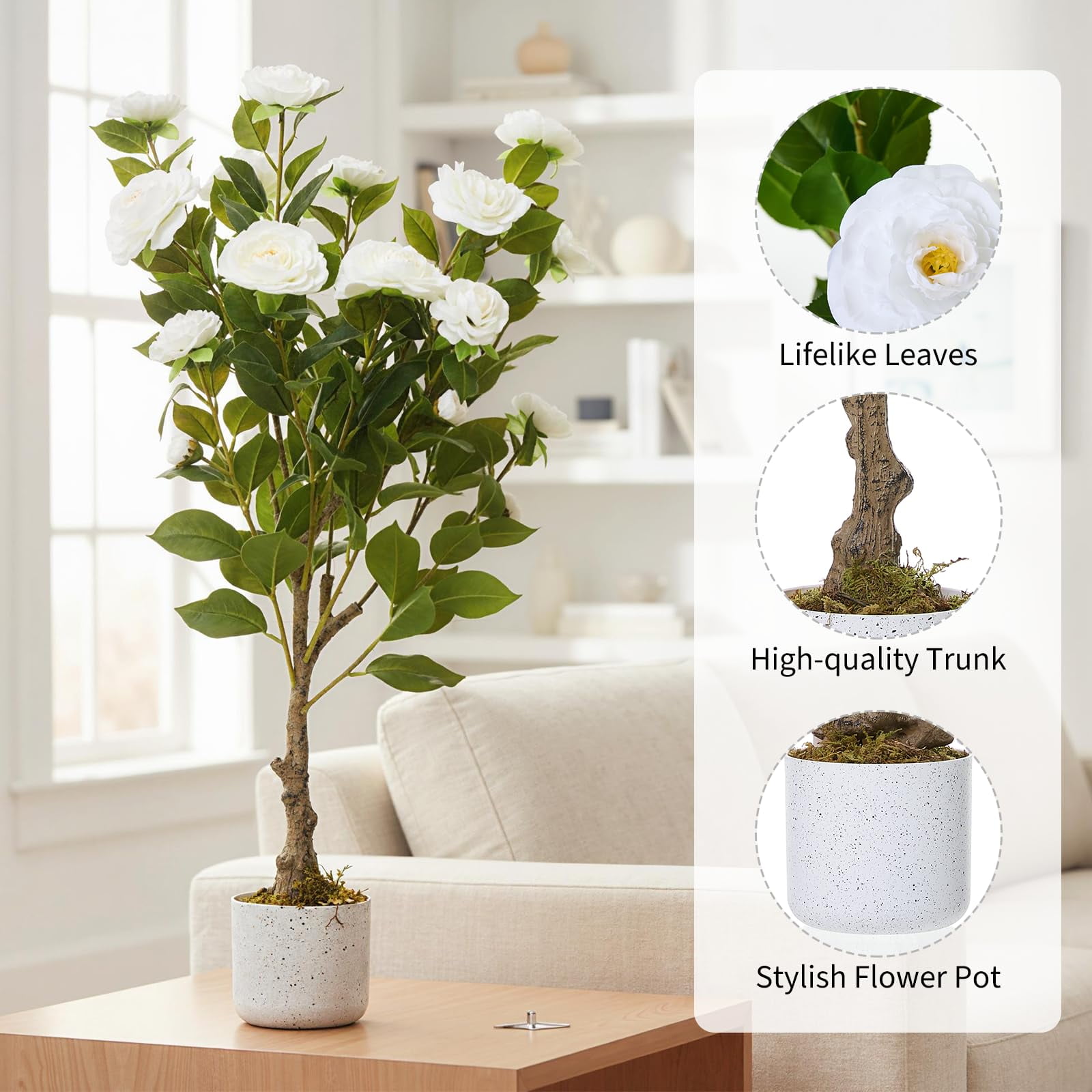 2.8FT Artificial Camellia Tree, Realistic Faux Plant in Pot with Flowers, Artificial Plants for Spring Home Decor Outdoor Porch Front Door Decor