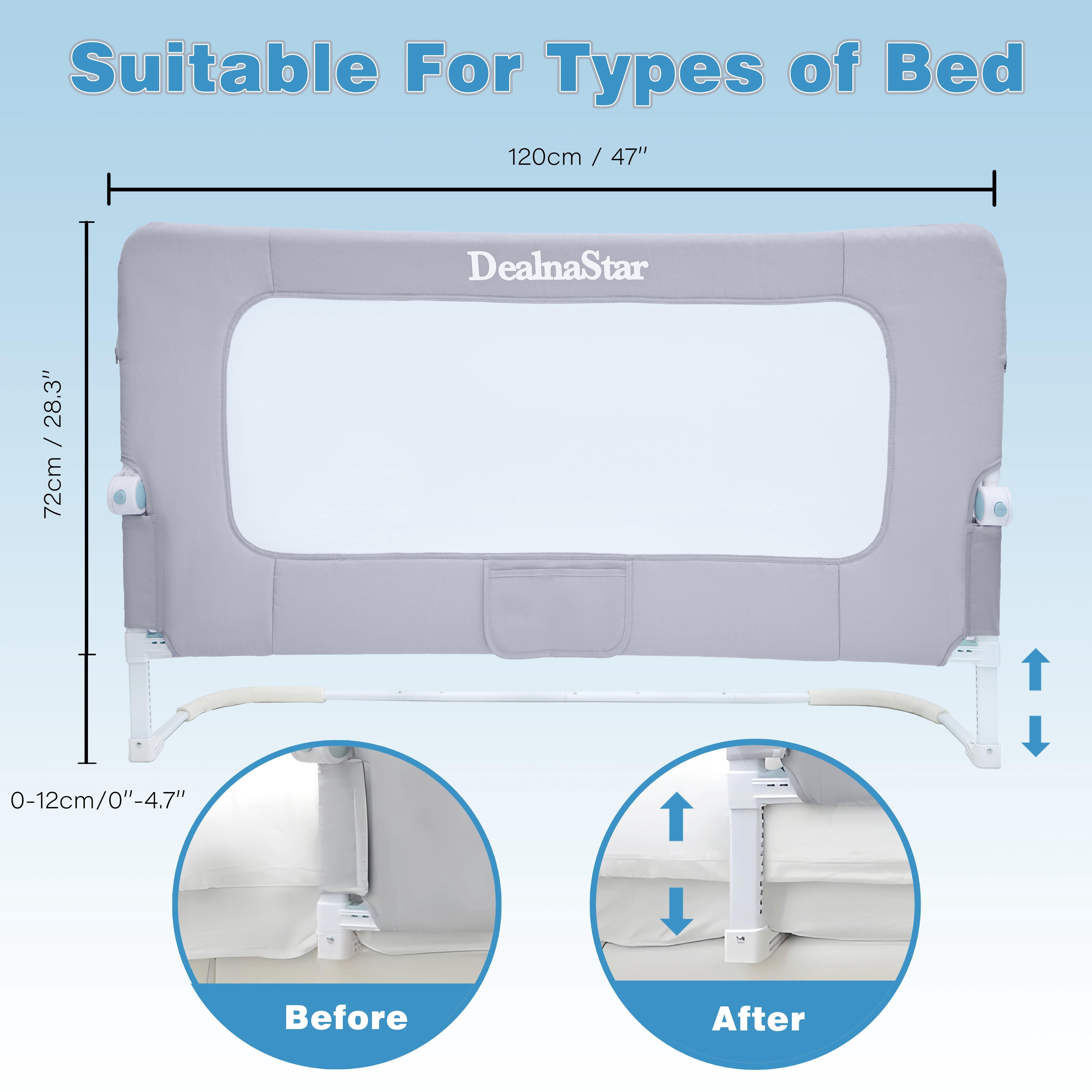 DealnaStar Bed Rail for Toddlers,Foldable Baby Bed Rail-47"/120cm  Height Adjustable Safety Guard for Kids, Universal Fit Twin/Full/King/Queen Beds.