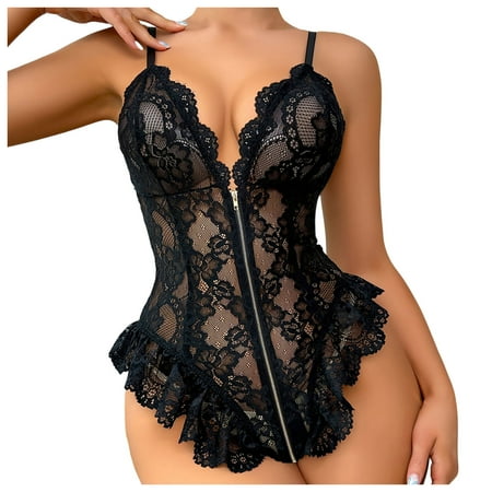 IUJSOY One Piece Lingerie for Women Deep V Sexy Lace Bodysuit Snap Crotch Zipper Backless Nightwear