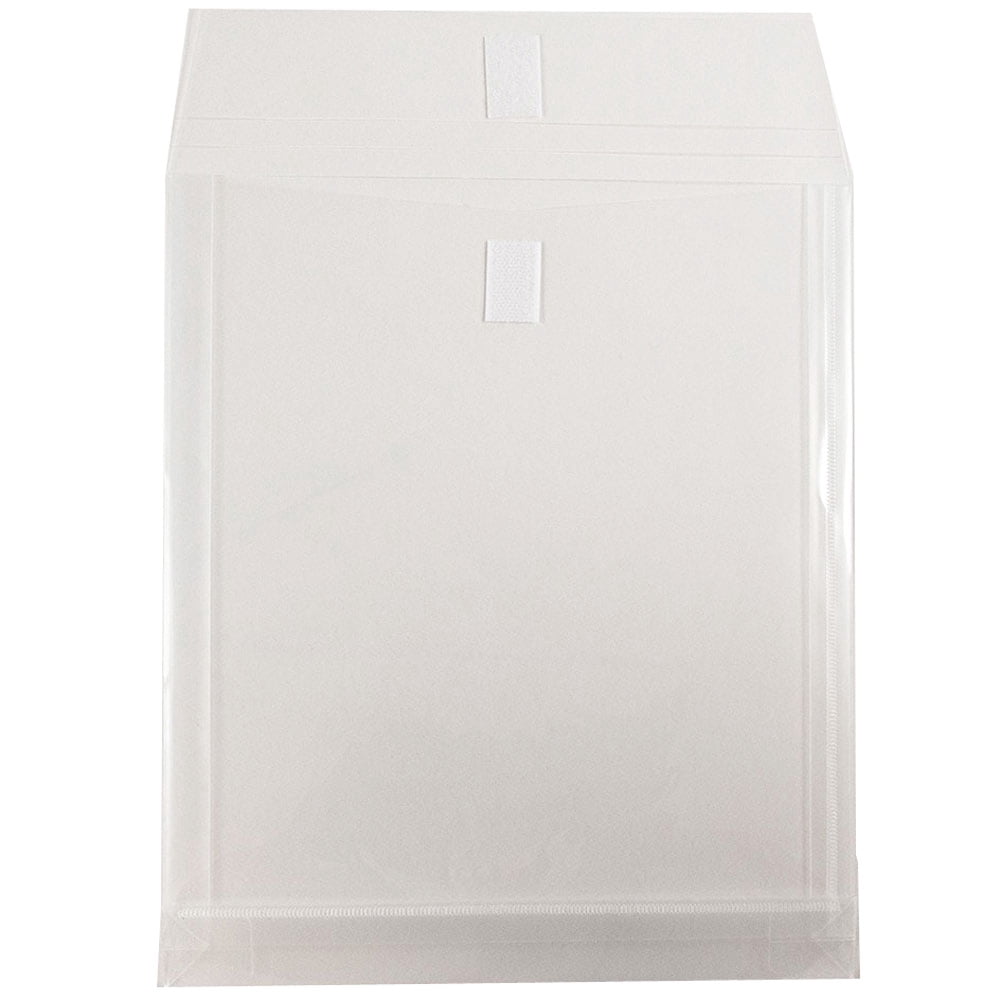 JAM Paper Hook & Loop Plastic Envelopes, 1" Expansion, 9 3/4 x 11 1/2, Clear, 12 per Pack