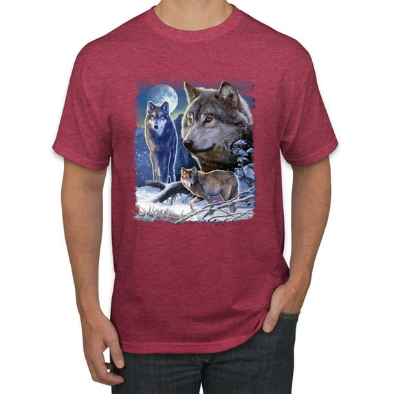 Wolves and the Moon in the Winter Night | Mens Animal Lover Graphic T-Shirt, Vintage Heather Red, Medium