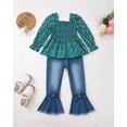 thumbnail image 2 of 7Y Big Girls Clothes 8Y Girls 2PCS Denim Outfits Set Floral Square Neckline Big Girls Long Sleeve Top Bell-bottomed Denim Pants Set Green, 2 of 8