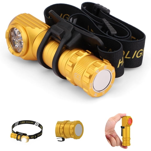High Lumens LED Rechargeable Headlamp for Adults - Hard Hat Light Running Head Lamp with Red Light, Magnet, 180° Tilt, 7 Modes, Detachable Flashlight & Headband, Outdoor, Emergency 1PC, Gold