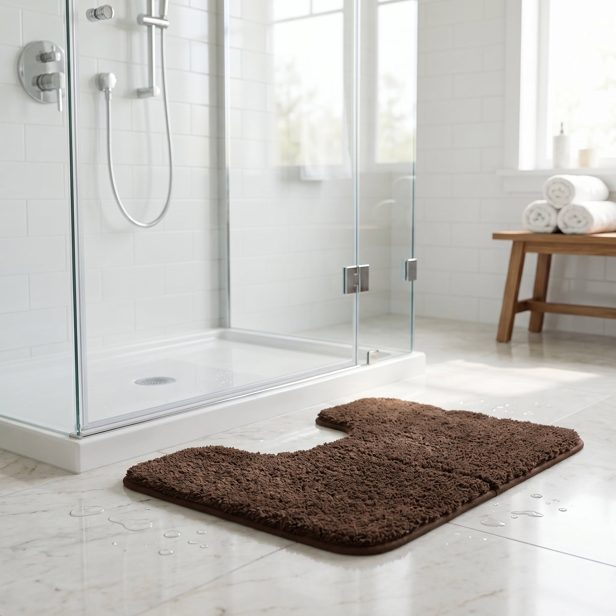 Unique Bargains U-Shaped Absorbent Non Slip Washable Plush Bath Mat Brown 20" x 20"