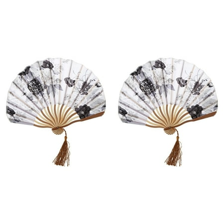 

2X Chinese Gray Blossom Fabric Bamboo Folding Dancing Hand Fan White