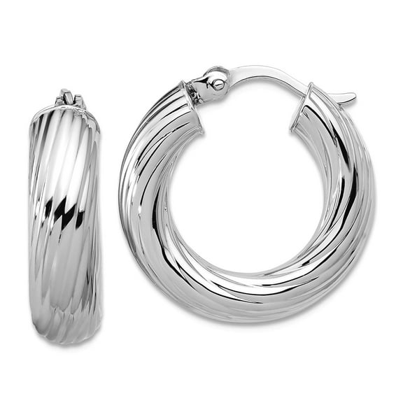 925 Sterling Silver Rhodium Plat Polish Grooved Round Hoop Earrings 19.35x20.6mm Wide 5.5mm Thick Hoop Earring for Women