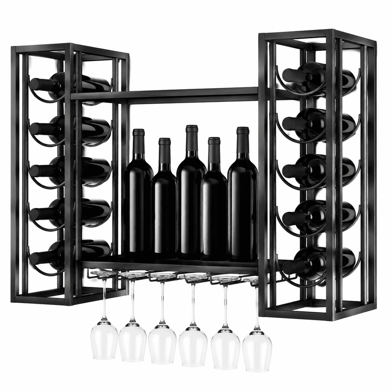 Wall Mount Wine Racks with Glass Holder Metal Bottle Holder Glass Rack Wall Mount 2-Tiers Multipurpose Metal Shelf for Home Bar Kitchen Dining Room (Black)
