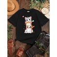 thumbnail image 1 of Adorable camiseta de verano con estampado de gato para niñas - Manga corta informal, cuello redondo, tela suave 100 % algodón, diseño de gato de dibujos animados con corazones, perfecta para niñas de, 1 of 6