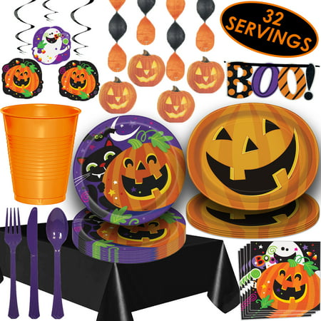 Halloween Tableware and Decorations - 32 Guest - Dinner Plates, Party Cups, Napkins, Cutlery, Tablecloths, Serving Trays, Assorted Hanging Swirls,