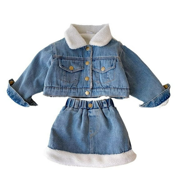 Elainilye Fashion Girls Denim Suit Skirt Stylish Children's Thickened Warm Jacket and Skirt Two-piece Set