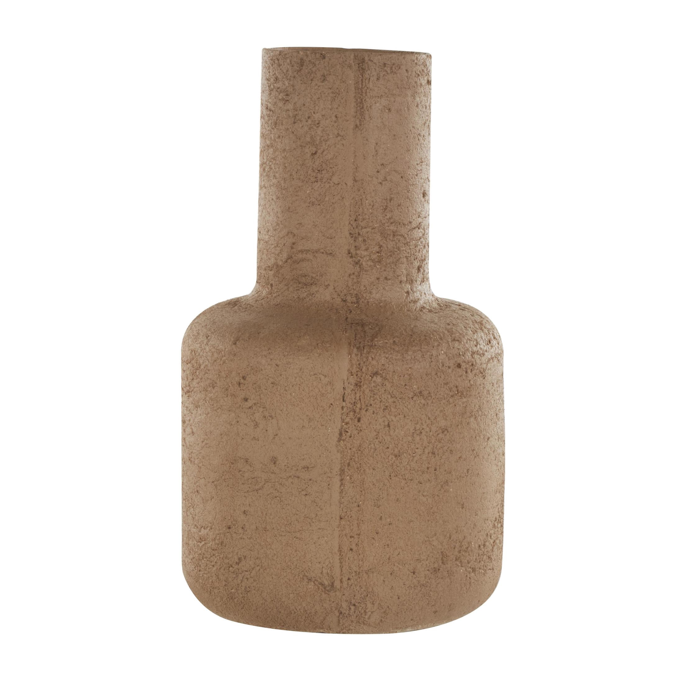 DecMode 15" Abstract Distressed Textured Brown Paper Mache Vase with Geometric Handle