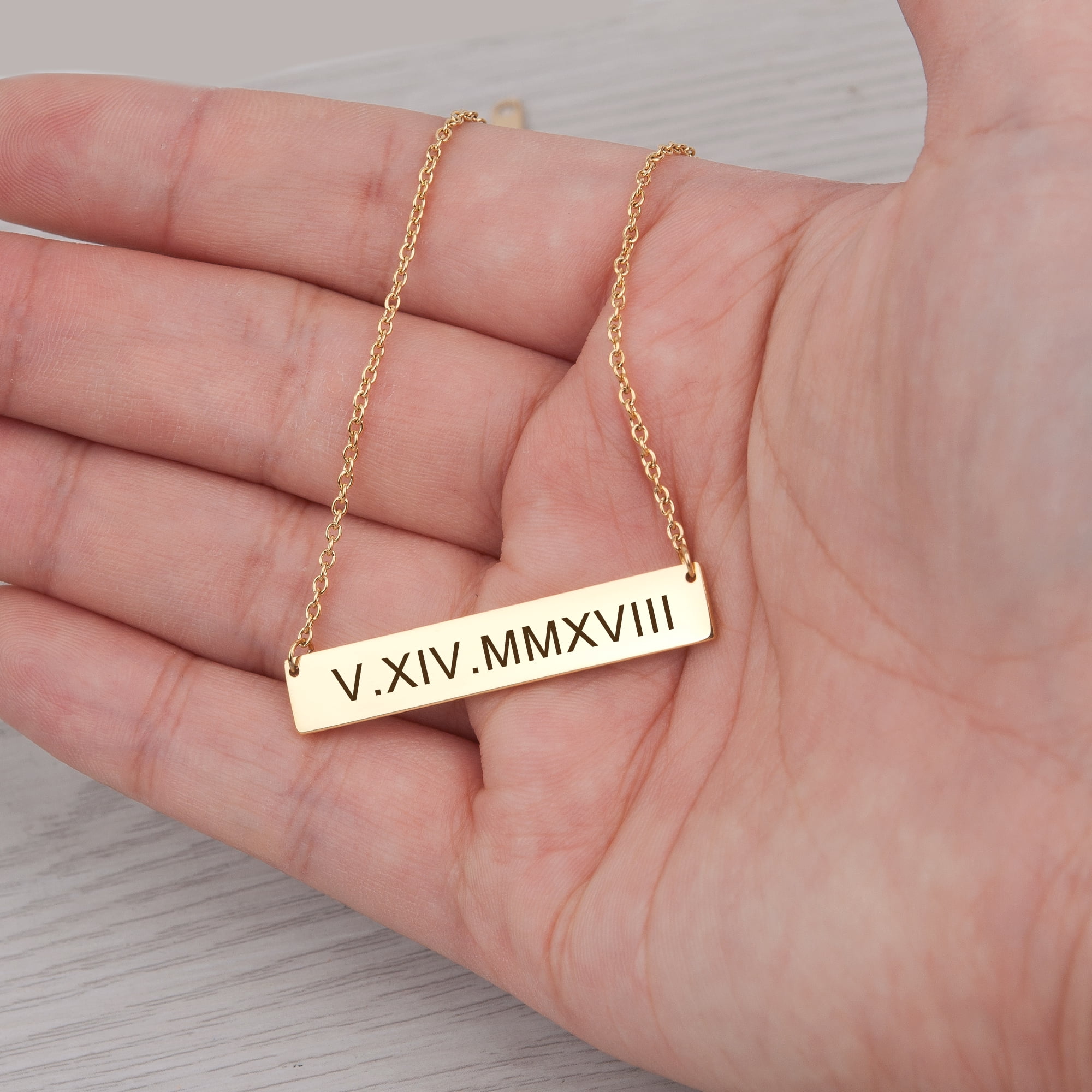 Anavia Personalized Gold Name Necklace Roman Numerals Custom Gift for Mom Birthday Day Women's Birthday Engravable Bar Necklace with Free Jewelry Box Ships Next Day! [Gold]