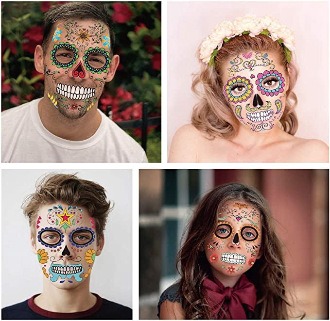 Halloween Tatuajes Temporales De Cara – 8 Hojas Con 138 Diseños De Esqueleto, Calavera Y Día De Los Muertos – Maquillaje De Miedo Para Adultos, Niños Y Cosplay – Impermeable Y Seguro