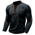 thumbnail image 4 of DGXTA Men's Cotton Linen Shirt Casual Loose Long Sleeve V Neck Lace Up Tee Shirts Summer Top, 4 of 7