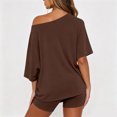 thumbnail image 3 of Women Off The Shoulder Lounge Set Loose Short Sleeve Top High Waist Biker Shorts Matching Outfit Two Piece Tracksuit Brown 2XL, 3 of 4
