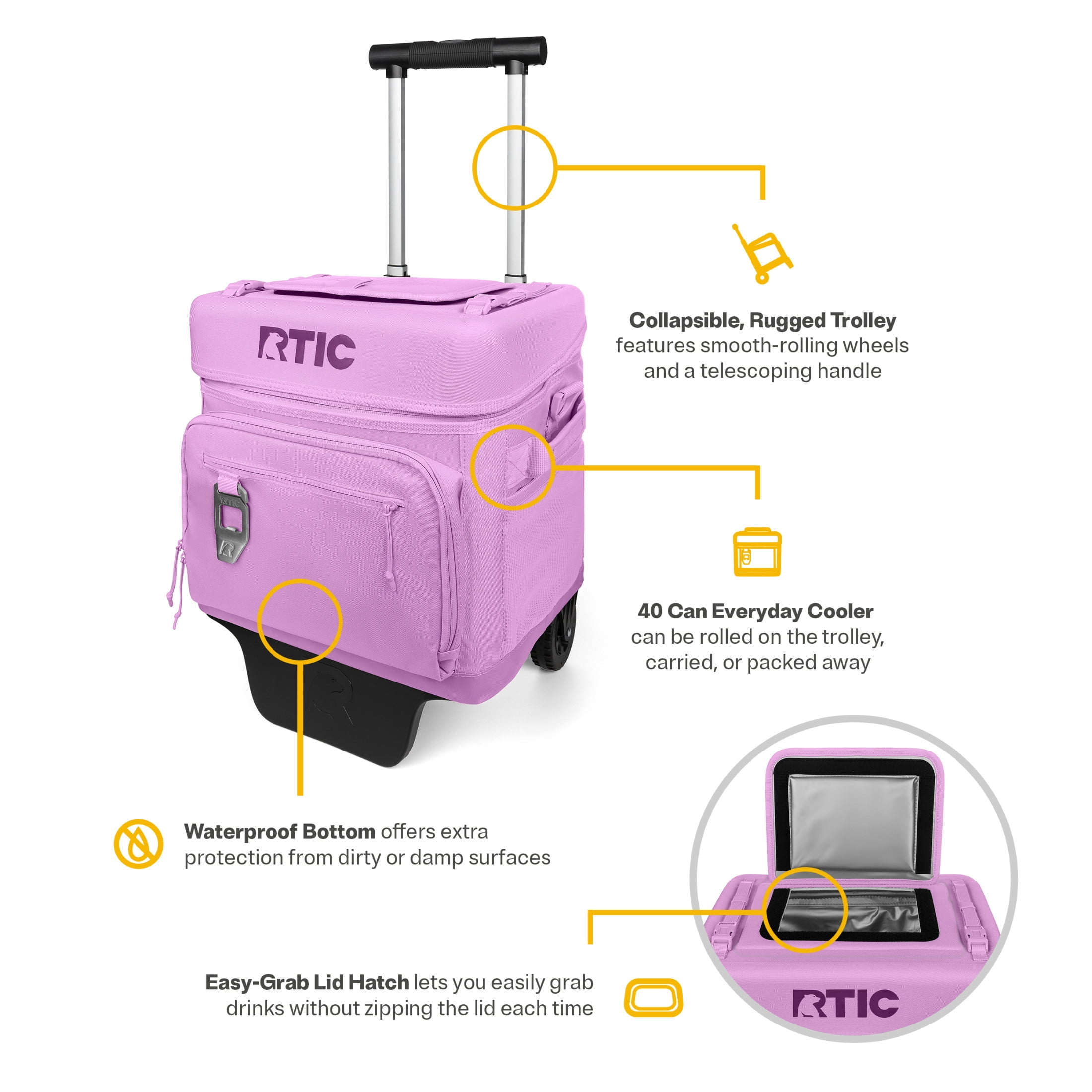RTIC 40-Can, 21 Qt, Collapsible Wheeled Cooler with Bottle Opener, Lavender