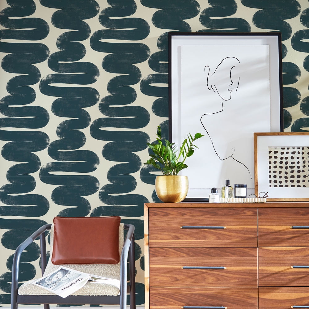 Tempaper x Bobby Berk Wiggle Room Blue and Cream Peel and Stick Wallpaper, 20.5" x 16.5'