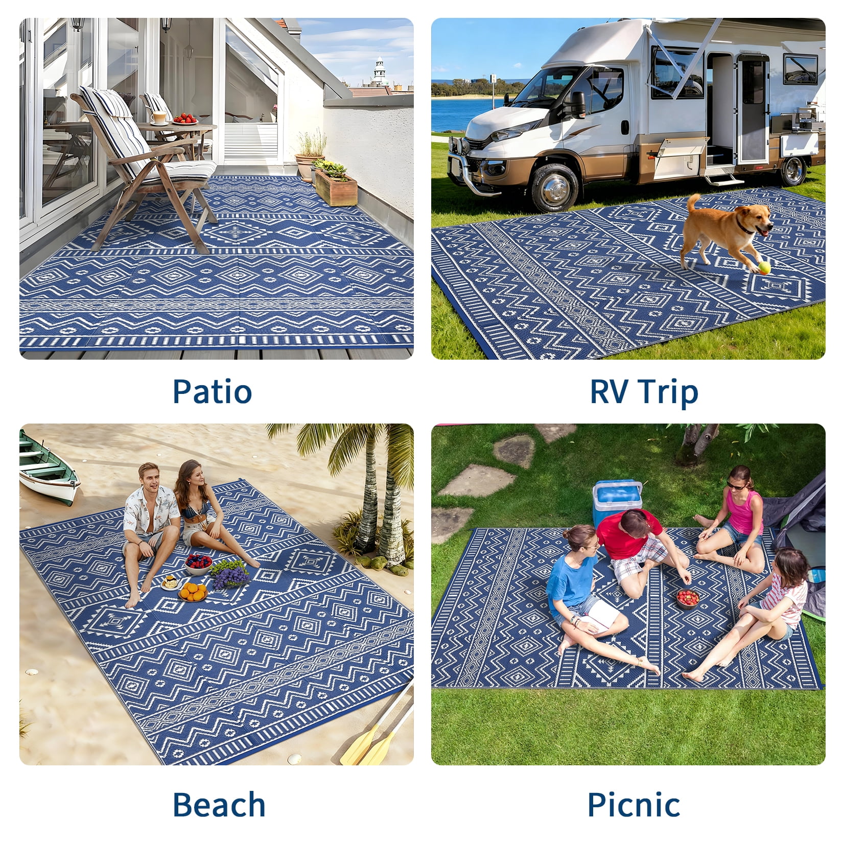 Garvee Outdoor Area Rug 8'x10' Waterproof Outdoor Carpet, Boho Plastic Straw Rug RV Mat for Picnic, Deck, Balcony, Beach, Patio, Dark Blue and White