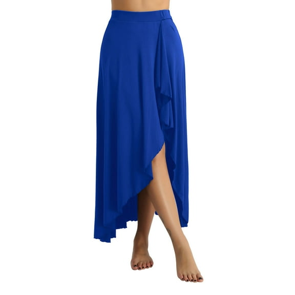 YEAHDOR Womens Asymmetrical Tango Latin Dance Skirt Stage Performance Costume A Line Maxi Split Long Skirt Blue XXL