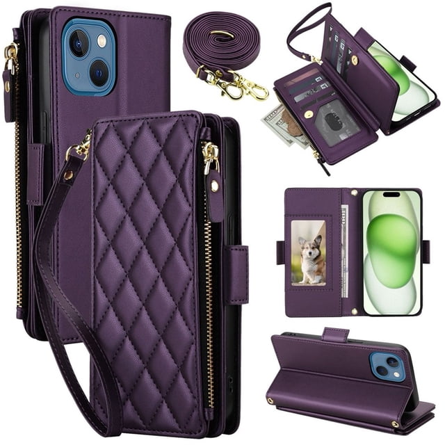 For iPhone 15 Plus RFID Blocking Wallet Case, Crossbody Purse Phone Case with 9 Card Slots, Zipper Pocket & Detachable Strap,Dark Purple,For iPhone 15 Plus
