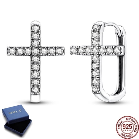 MULA Cross Hoop Earrings 925 Sterling Silver Sparkling 5A Zircon Jewelry Gift for Her