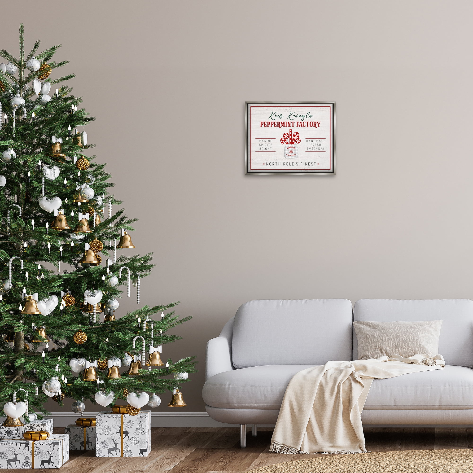 Stupell Industries Holiday Peppermint Factory Holiday Painting Gray Floater Framed Canvas Art Prints Wall Art, 21 x 17