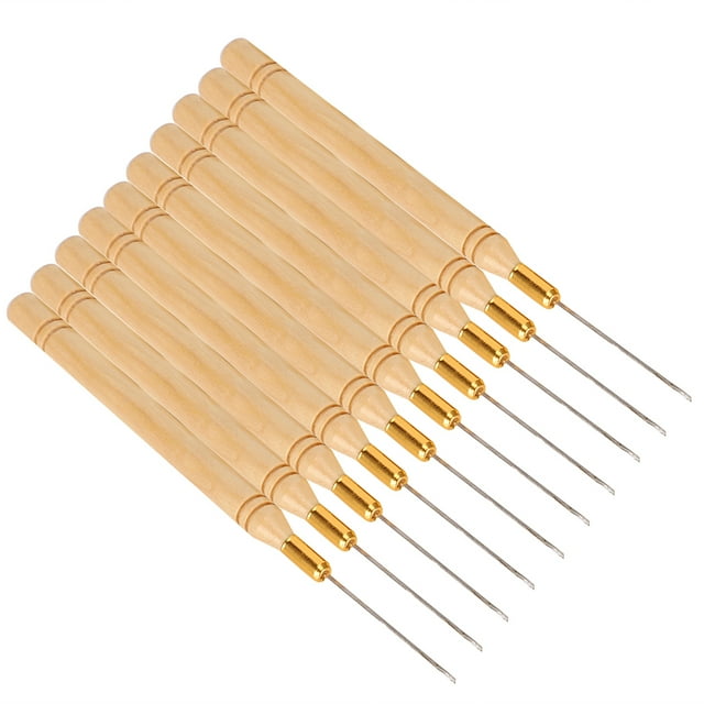 Aguja de gancho con mango de madera, 10 piezas de aguja de gancho de madera para extensión de cabello, aguja de gancho para extensión de cabello, herramientas para pelucas, compactas y ligeras