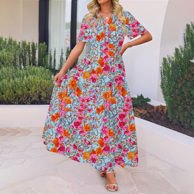 JISngxdf Women Dresses for Special Occasions Summer Trendy Print Short Sleeve V-Neck Pleated Long Maxi Dresses Elastic Waist Boho Beach Dress Pockets