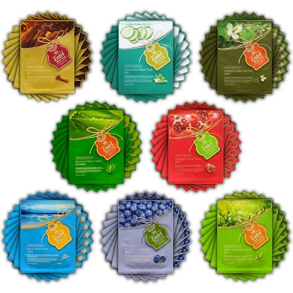 (Entel) Paquete combinado VEGGIE de 72 piezas Hoja de mascarilla facial coreana premium (9 tipos x 8 piezas) Cinco libres de químicos: sin parabenos, sin silicona, sin aceite mineral, sin colorantes a