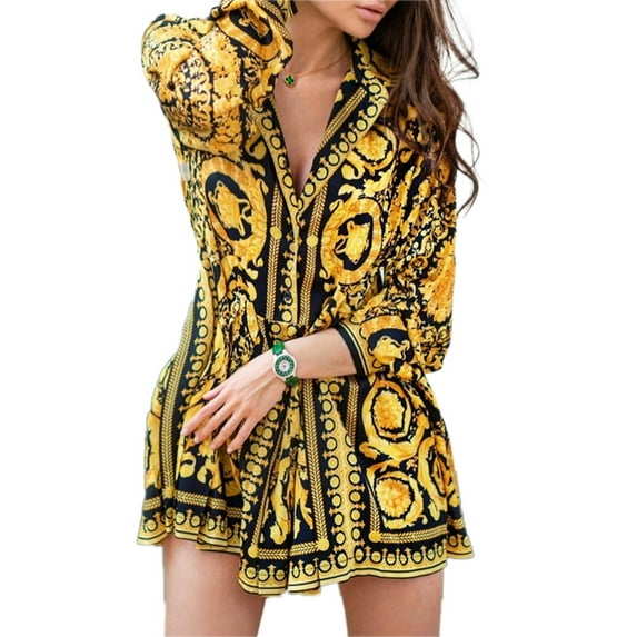 Womens Dresses Long Sleeve Turn-down Collar Buttons Dress Short Dress Ethnic Style