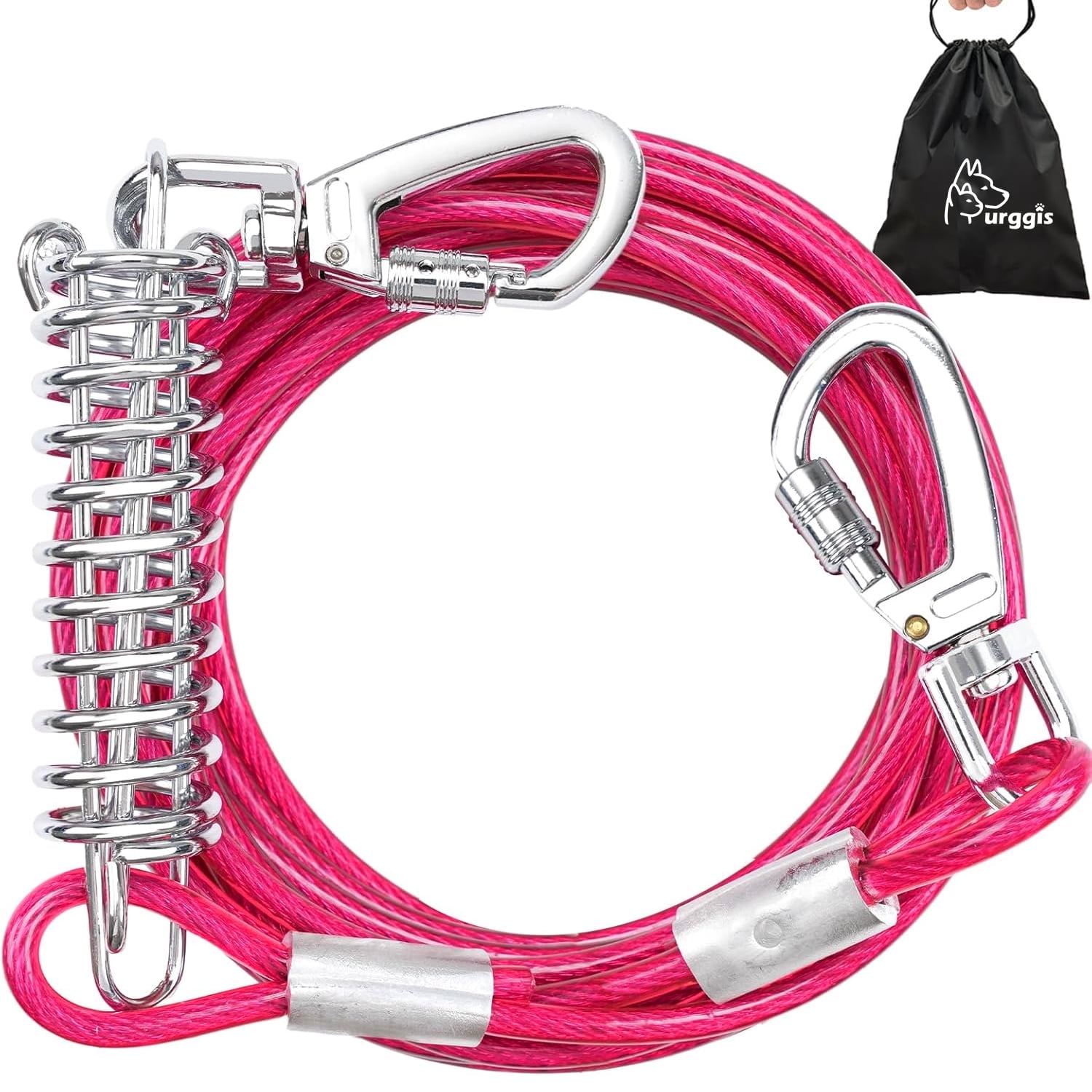 Furggis Heavy Duty Dog Tie Out Cable – 20FT Chew Proof & Tangle-Free for Large Dogs up to 250lbs, Outdoor Safety Leash (Rose Red)