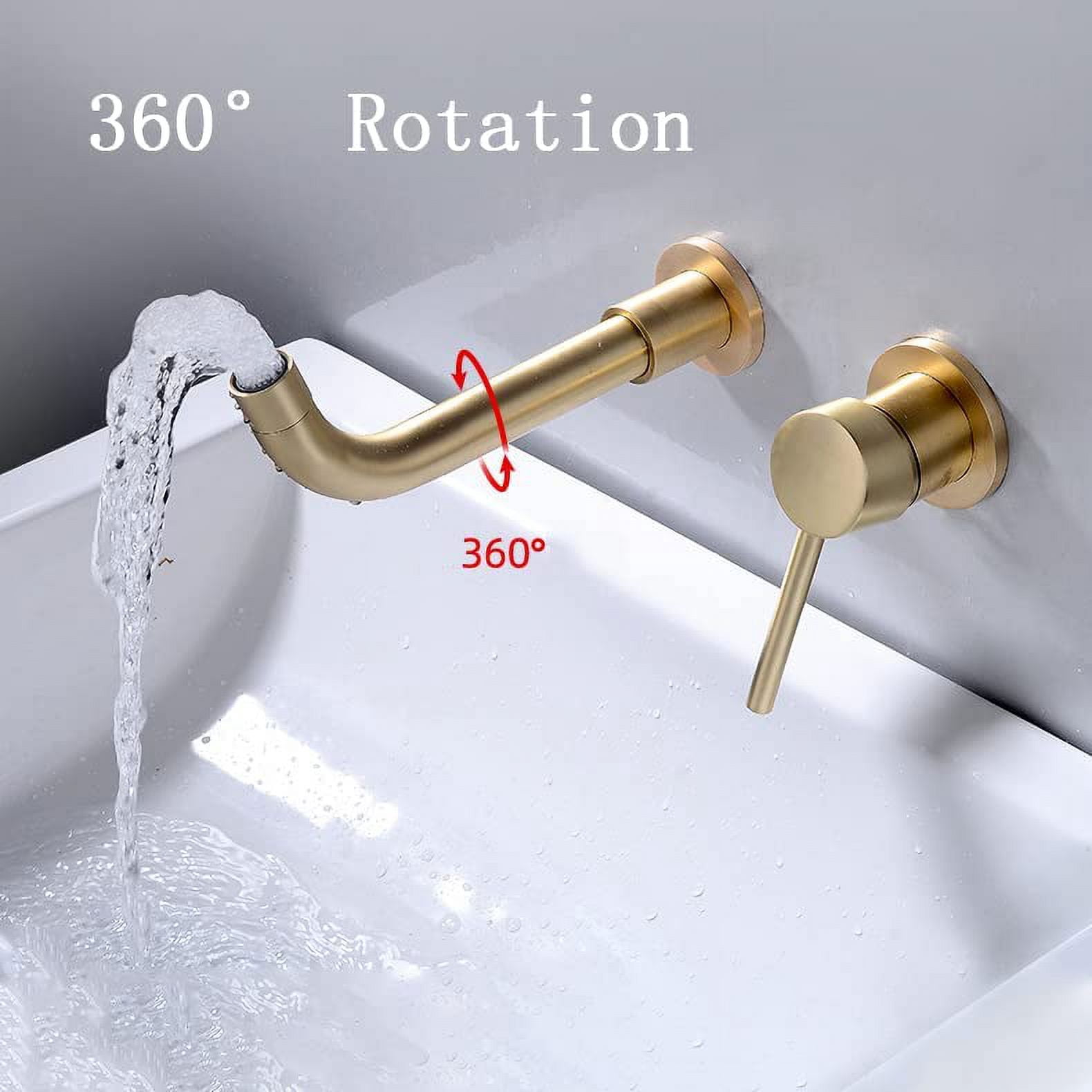 Brushed Gold Bathroom Faucet Wall Mount,with 360° Swivel Spout,Hot and Cold,Brass Single Handle Wall Mount Bathroom Sink Faucet