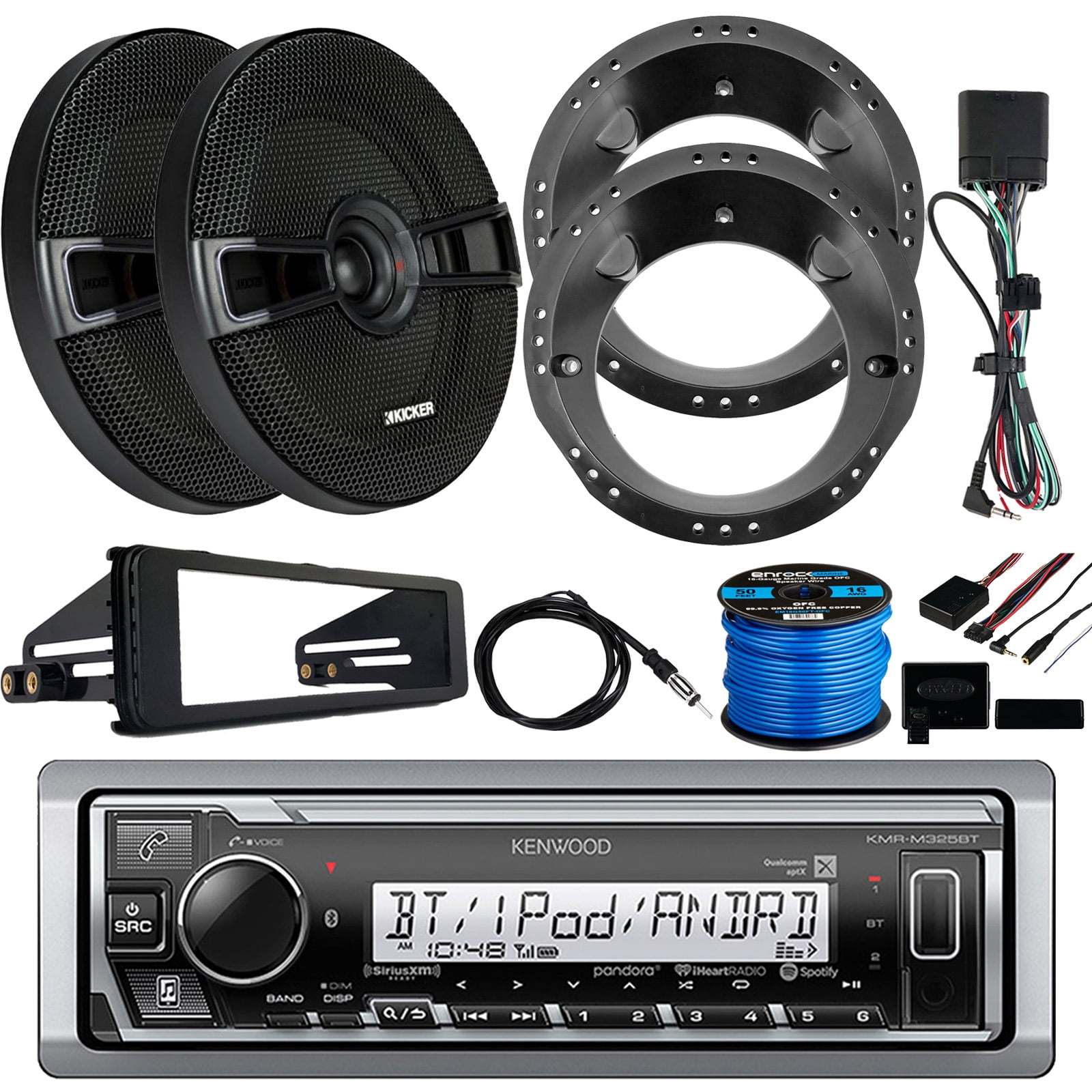 Kenwood KMRM325BT Marine Digital Media Bluetooth Receiver, 2 x Kicker