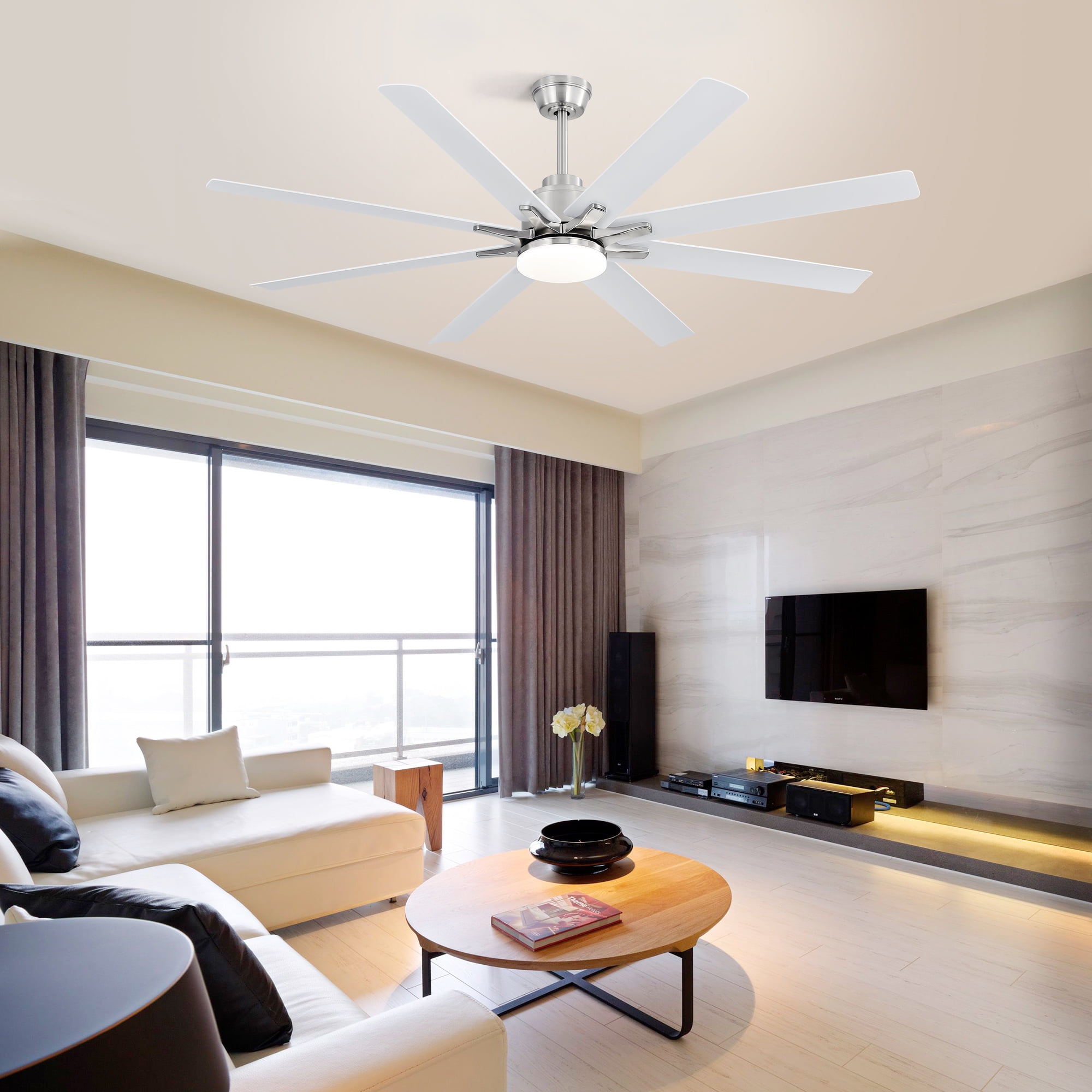 POPFAN 66 Inch ABS Ceiling Fan with Dimmable Light and Smart Remote Control 6 Speed Reversible Noiseless DC Motor for Indoor, Brushed Nickel & White
