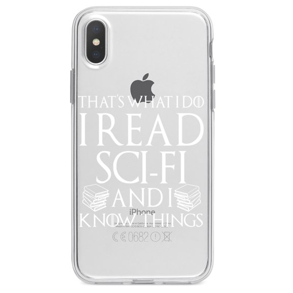 DistinctInk Clear Shockproof Hybrid Case for iPhone XR (6.1" Screen) - TPU Bumper Acrylic Back Tempered Glass Screen Protector - I Read Sci-Fi and I Know Things