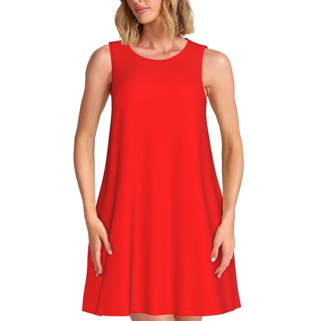 Xecao Robes d'Été Rouges pour Femmes Robes Décontractées de Plage Robes de Plage Sans Manches Robe Évasée avec Poches