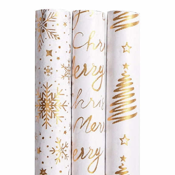 3 Rolls White & Gold Christmas Wrapping Paper,17 Inch x 10 Feet Per roll,Elegant Holiday Gift Wrap for Presents