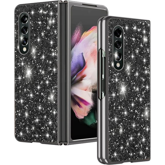 Z Fold 3 Glitter Case for Samsung Galaxy Z Fold3 5G Phone Case for Women Girls, Slim Ultra Thin Matte Back Shockproof Protective Cover for Samsung Z Fold 3 5G, 7.6" Crystal Bling Case (Black)