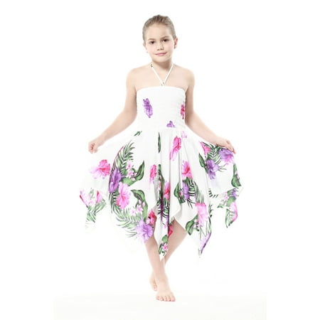 - Girl Gypsy Uneven Button Hawaiian Luau Dress in White with Pink and Purple Floral 8