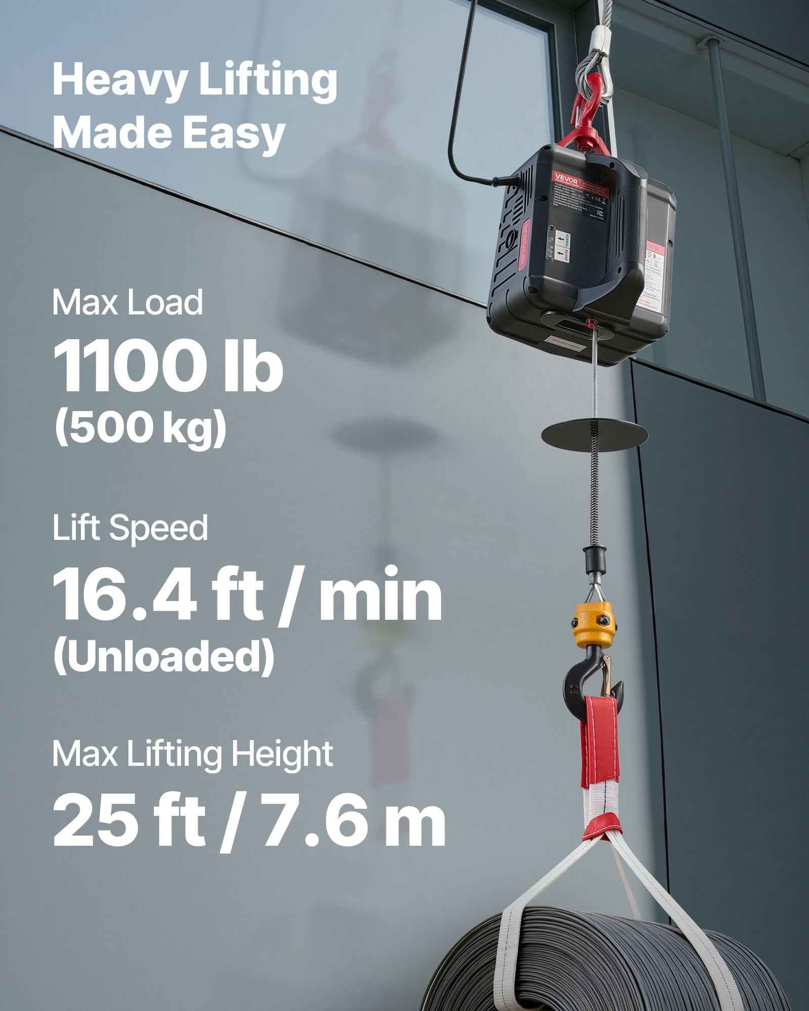 VEVOR 2-in-1 Electric Hoist Winch, 1100 lbs Capacity, 1500W Portable Power Winch Crane, 25 ft Lifting Height, 16.4 ft/min with Manual and Wireless Remote Control for Factory, Warehouss, Garage