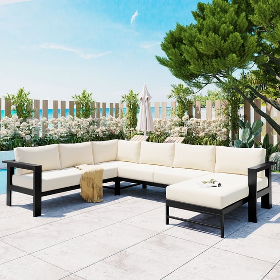 DTTRA 114" U-Shaped Outdoor Sectional Sofa Set, 5-6 Seat Patio Furniture with 5.9" Cushions, White