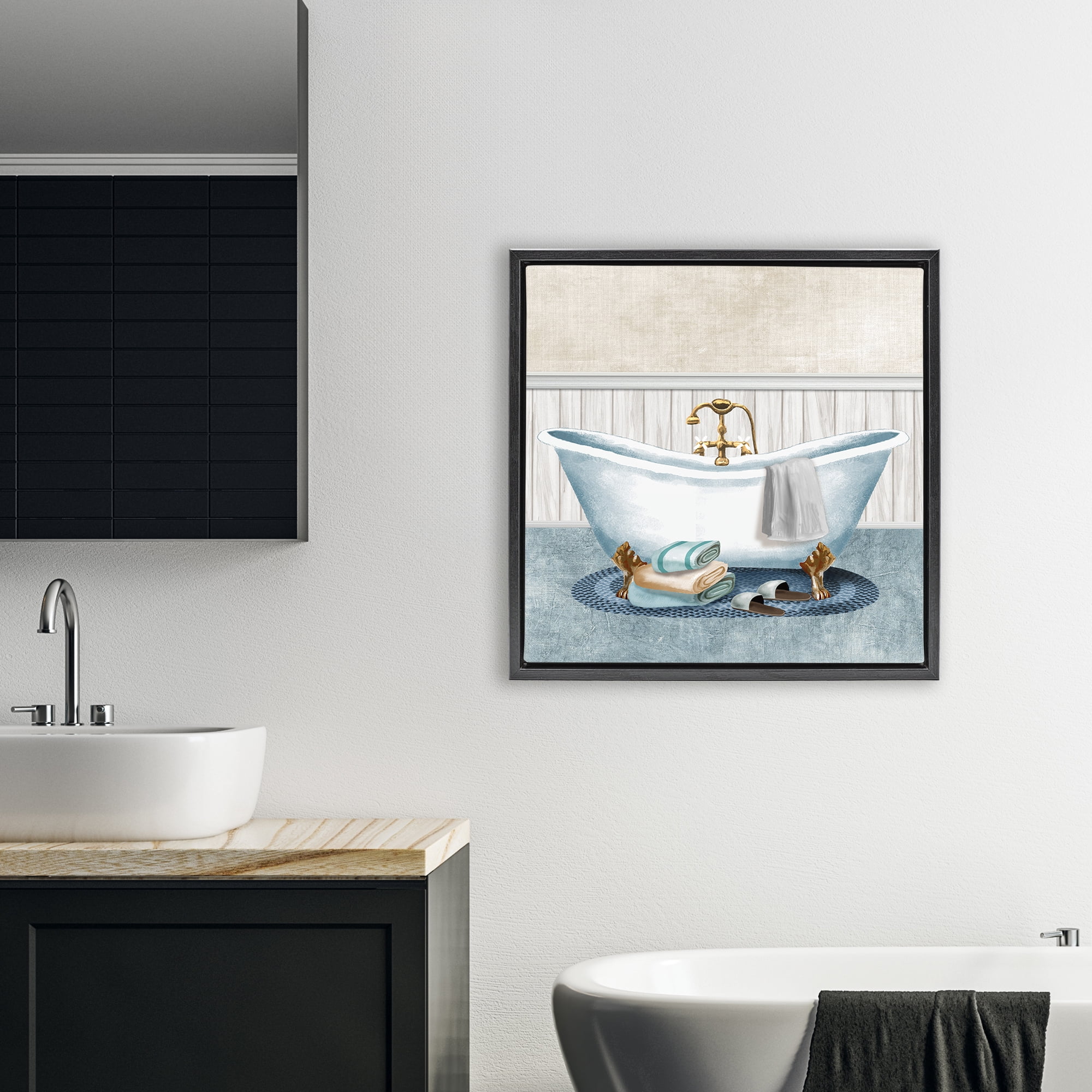 Stupell Industries Cozy Spa Bathtub & Slippers Black Framed Floater Canvas Wall Art, design by Conrad Knutsen